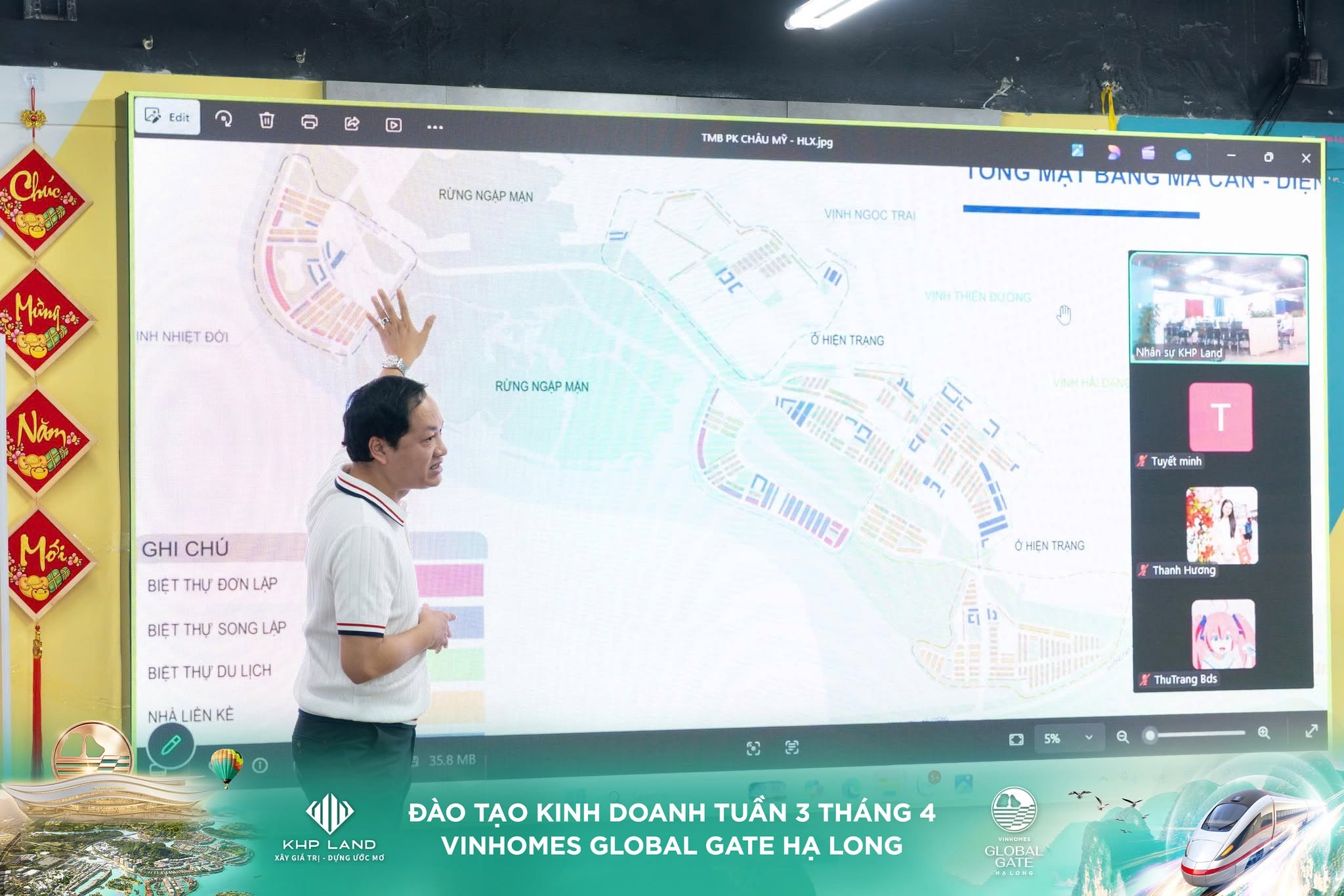 CEO Ngân Bùi trình bày tổng mặt bằng dự án Vinhomes Global Gate Hạ Long trong buổi đào tạo nội bộ KHP GROUP